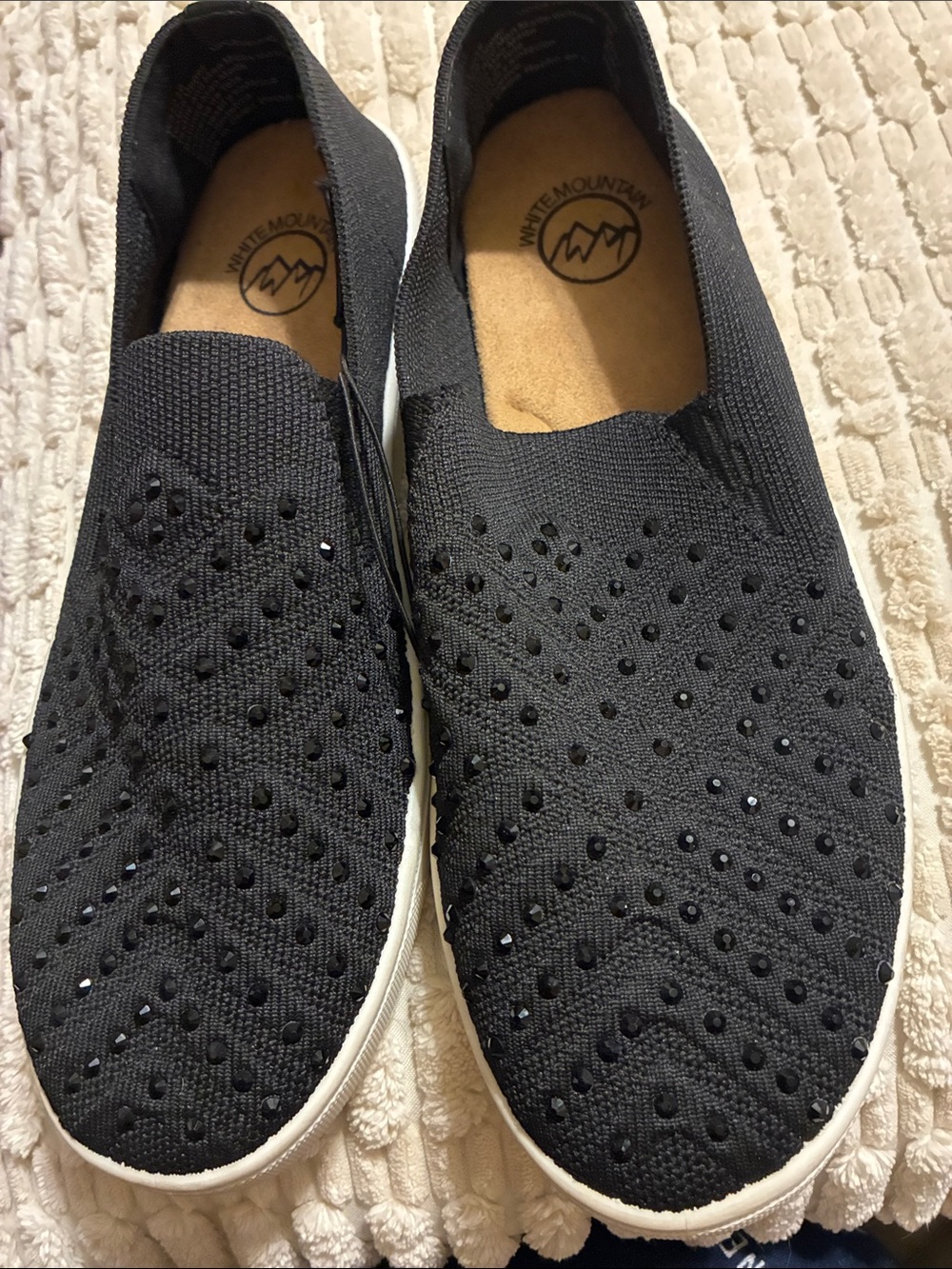 White Mountain Black Knit Slip-On Sneakers with Embellished Upper